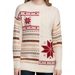 American Eagle Snow Stopper Mock Neck Fair Isle Ivory Red Cable Knit Sweater L